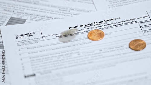 Schedule C, Profit or Loss From Business Form, Slow Motion Coins Dropping, 4K Video Close-Up