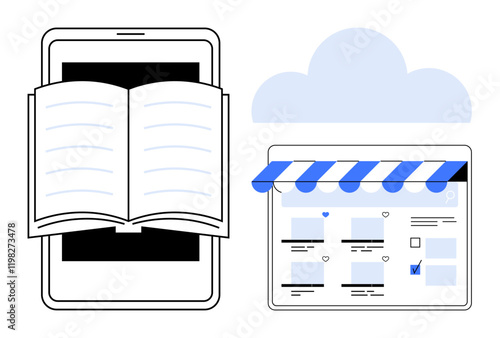 Open book on tablet, cloud icon, online storefront with blue striped awning representing digital publishing, online shopping, cloud storage, e-commerce, mobile apps, education technology. Ideal