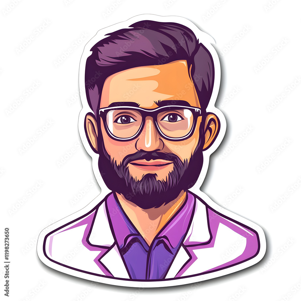Purple Scientist Portrait Sticker Vector Art on White Background Purple Scientist Portrait Sticker Vector Art on White Background