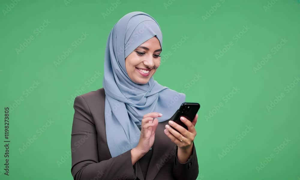 Smiling Muslim Businesswoman using Smartphone Smiling Muslim Businesswoman using Smartphone