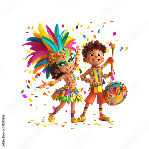 Joyful Children Celebrating Carnival with Colorful Costumes and Confetti