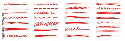 Red marker underline brush stroke set. Marker red pen highlights squiggle stroke. Vector swoosh brush handwritten underline set for accent, pencil emphasis element. Vector illustration