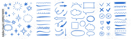 Line arrow hand drawn shape brush underline stroke element vector set. Hand drawn doodle sketch arrow, circle, star brush stroke scribble underline icon. Marker doodle heart vector illustration.