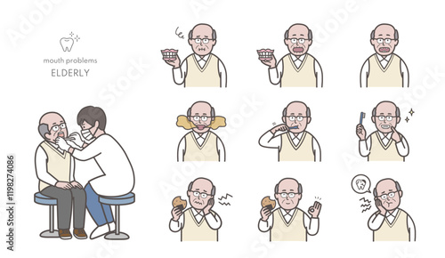 高齢男性の歯科診療イラストセット