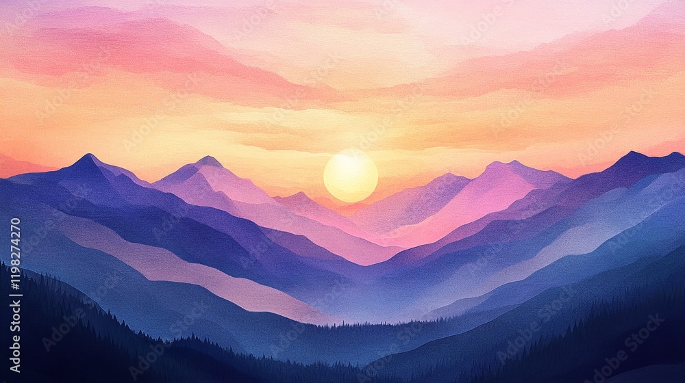 This is an illustration of a beautiful sunrise over a mountain. This is an illustration of a beautiful sunrise over a mountain.