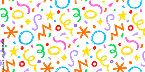 Kid seamless pattern child fun shape squiggle confetti background. Hand drawn color crayon background fun child squiggle shape. Crayon color confetti abstract seamless pattern vector illustration