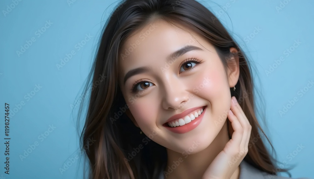 Close Up Portrait of a Young Woman in White Professional Suit with Radiant Smile and Warm Expression on Light Blue Background Close Up Portrait of a Young Woman in White Professional Suit with Radiant Smile and Warm Expression on Light Blue Background