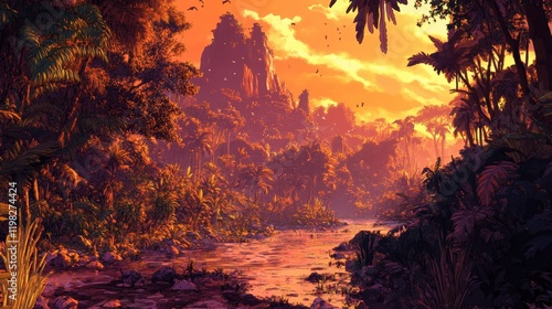 Sunset Over Lush Tropical River And Mountain