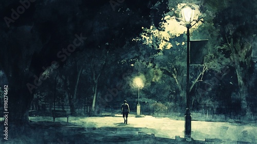 Solitary figure walking down a dimly lit park path at night. photo