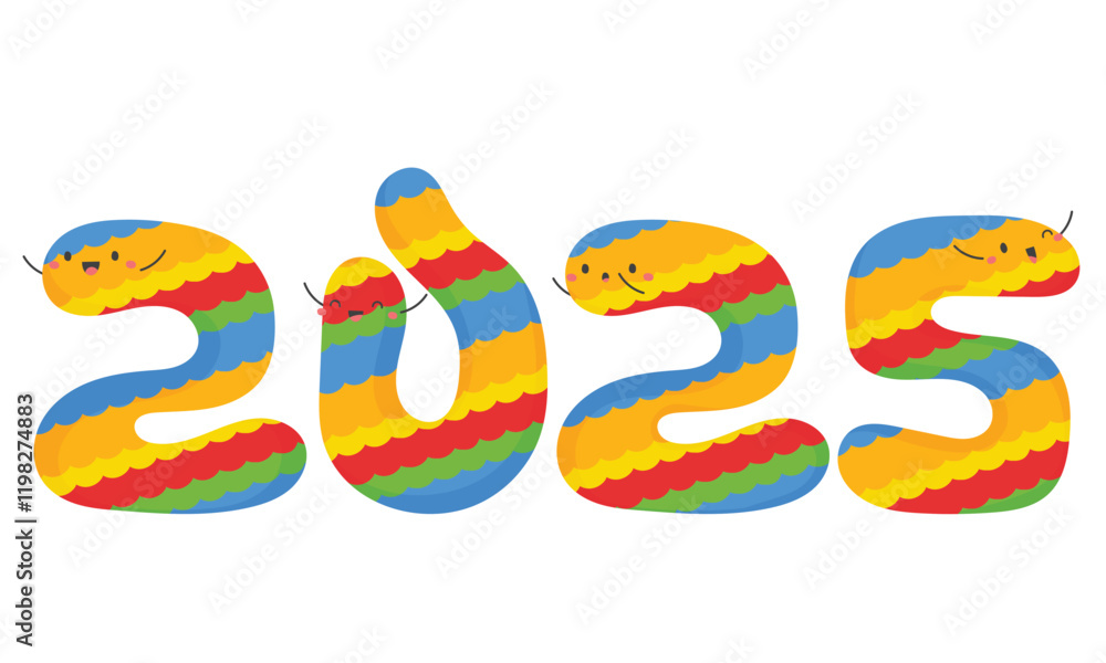 new year 2025 text number with cute funny colorful doodle character and wavy pattern vector illustration design for poster, banner, calendar, greeting card. new year 2025 text number with cute funny colorful doodle character and wavy pattern vector illustration design for poster, banner, calendar, greeting card.