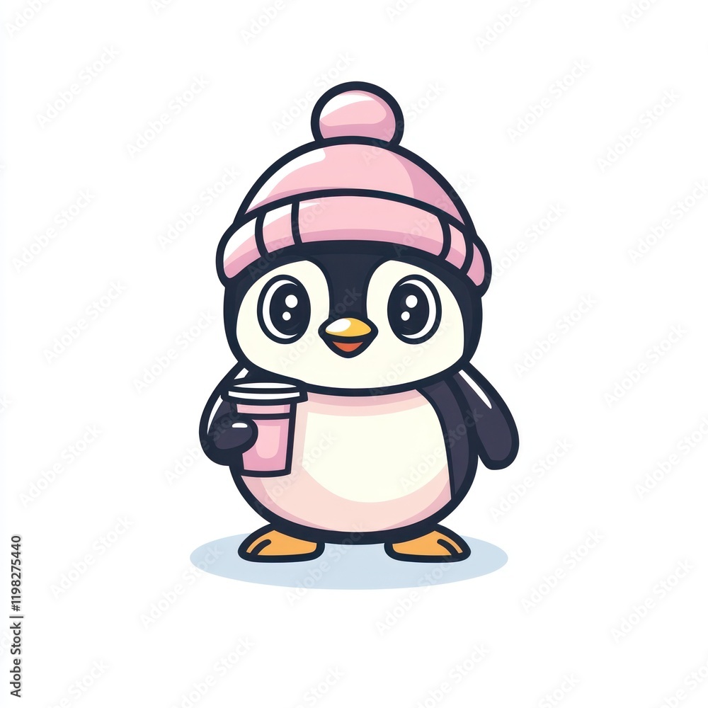 Penguin with pink hat holds drink, on white background, for kid's media, mascot Penguin with pink hat holds drink, on white background, for kid's media, mascot