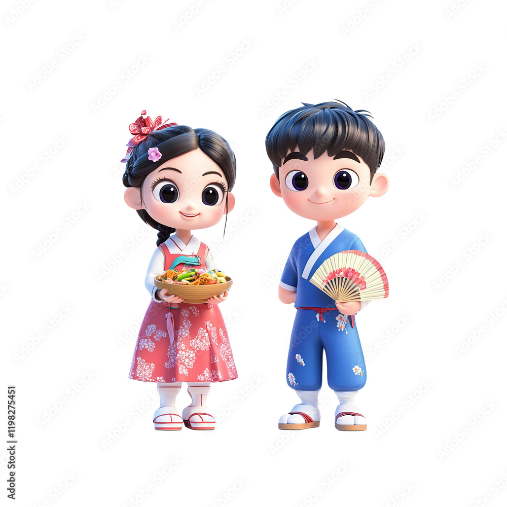 Adorable 3D Render of Korean Children in Traditional Hanbok Clothing Adorable 3D Render of Korean Children in Traditional Hanbok Clothing