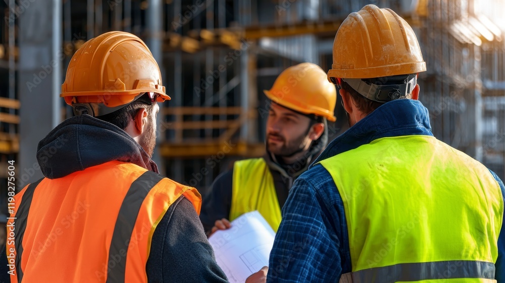 Group of Construction Workers Analyzing Blueprints at Construction Site with Safety Gear Group of Construction Workers Analyzing Blueprints at Construction Site with Safety Gear