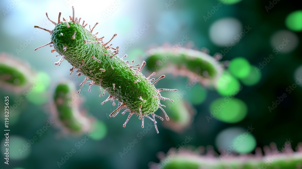 Highly Detailed Visualization of Microscopic Bacteria in a Vibrant Green Environment Highly Detailed Visualization of Microscopic Bacteria in a Vibrant Green Environment