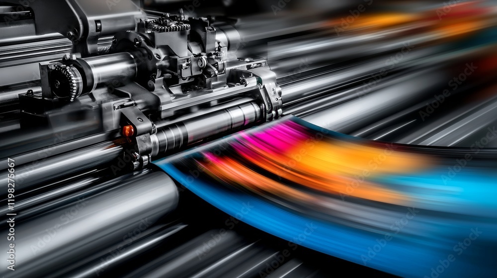High-Speed Printing Press in Action with Sharp Focus on Vibrant Colors and Mechanical Precision High-Speed Printing Press in Action with Sharp Focus on Vibrant Colors and Mechanical Precision