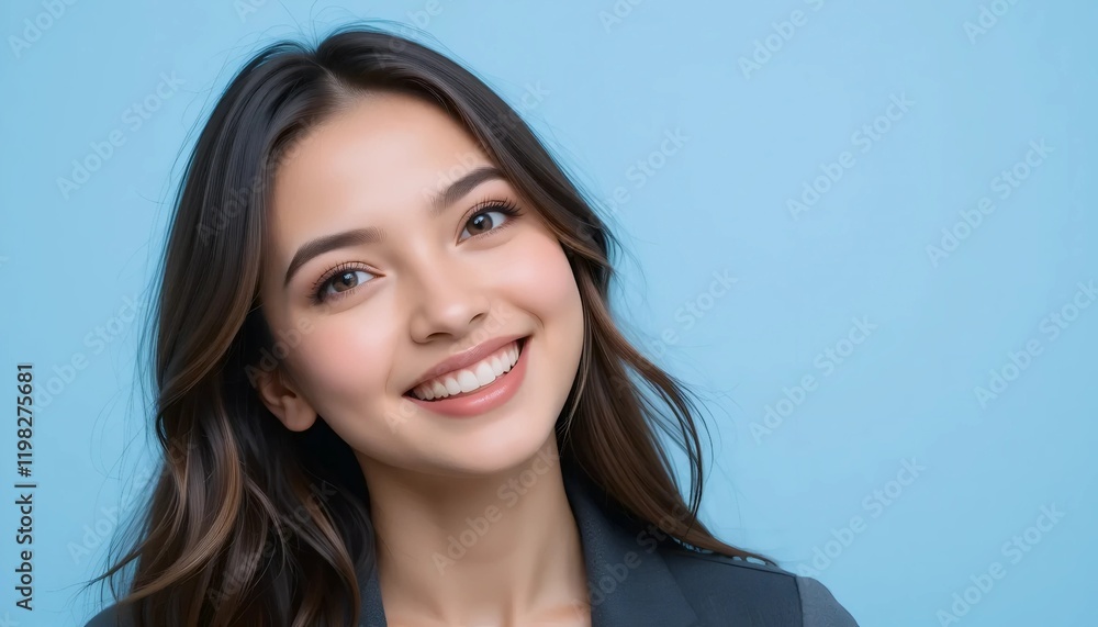Close Up Portrait of a Young Woman in White Professional Suit with Radiant Smile and Warm Expression on Light Blue Background Close Up Portrait of a Young Woman in White Professional Suit with Radiant Smile and Warm Expression on Light Blue Background