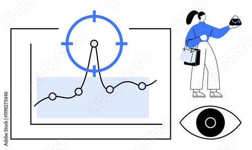 Graph with target symbol indicating data trends, businesswoman holding shopping items and eye symbol suggesting observation. Ideal for business analysis, marketing, consumer behavior, reports