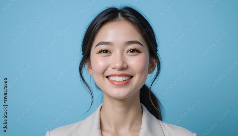 Close Up Portrait of a Young Woman in White Professional Suit with Radiant Smile and Warm Expression on Light Blue Background Close Up Portrait of a Young Woman in White Professional Suit with Radiant Smile and Warm Expression on Light Blue Background