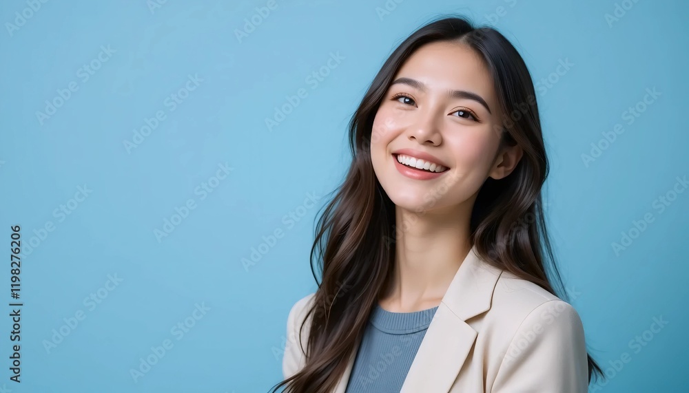 Close Up Portrait of a Young Woman in White Professional Suit with Radiant Smile and Warm Expression on Light Blue Background Close Up Portrait of a Young Woman in White Professional Suit with Radiant Smile and Warm Expression on Light Blue Background