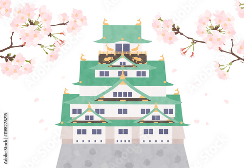 桜と大阪城のベクターイラスト