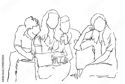 Sitting People at Hospital, Simple Sketch Vector Illustration