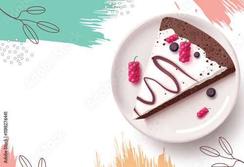 Birthday cake clipart template design. Slice chocolate cake on a plate with grapes toppings in abstract background for bday celebration restaurant menu. Vector illustration hotel food template clip 