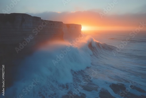 dynamic ocean waves at twilight, crashing against weathered limestone cliffs, creating misty spray in golden hour light