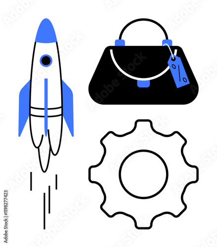 Rocket taking off, gear cog, and handbag with tag suggest innovation, technology, and e-commerce. Ideal for startup growth, automation processes, retail, digital marketing e-commerce business