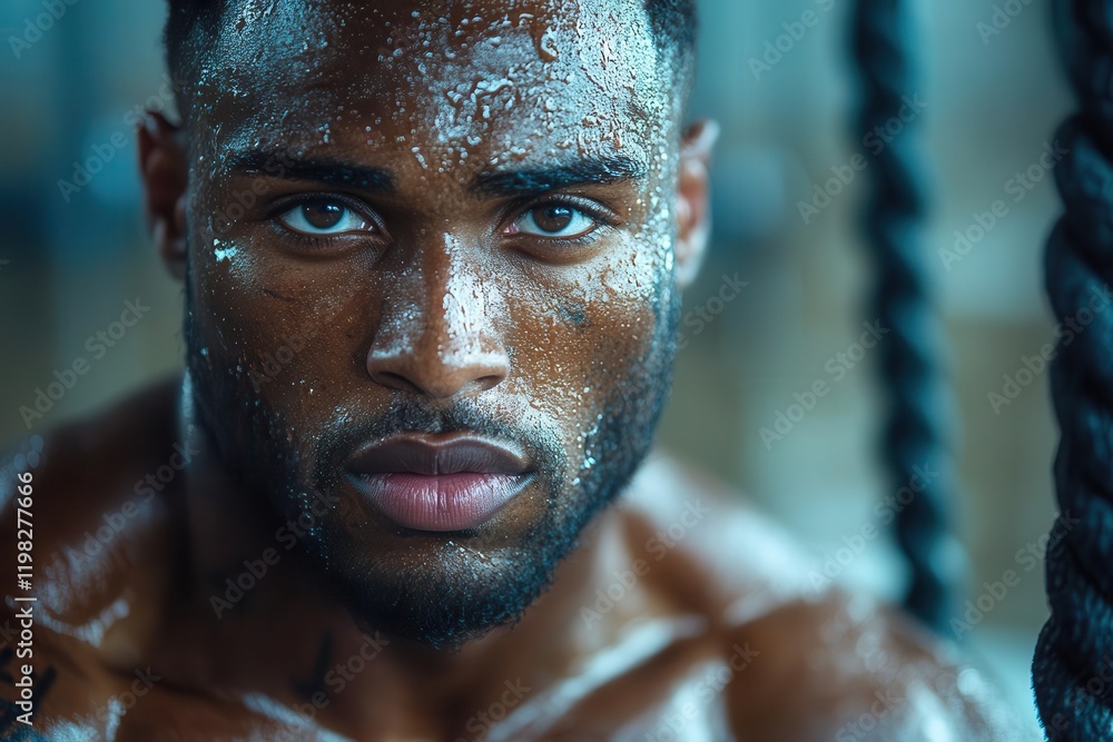 dynamic portrait of athletic man during intense battle rope workout, capturing strength and determination, modern gym setting with bokeh lighting dynamic portrait of athletic man during intense battle rope workout, capturing strength and determination, modern gym setting with bokeh lighting