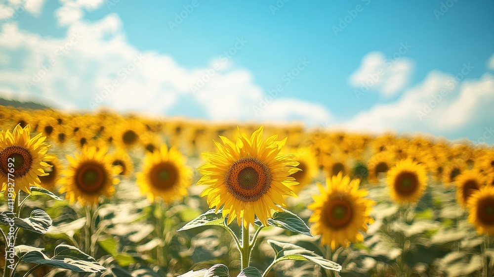 Fototapeta premium Sunflower field under bright blue sky