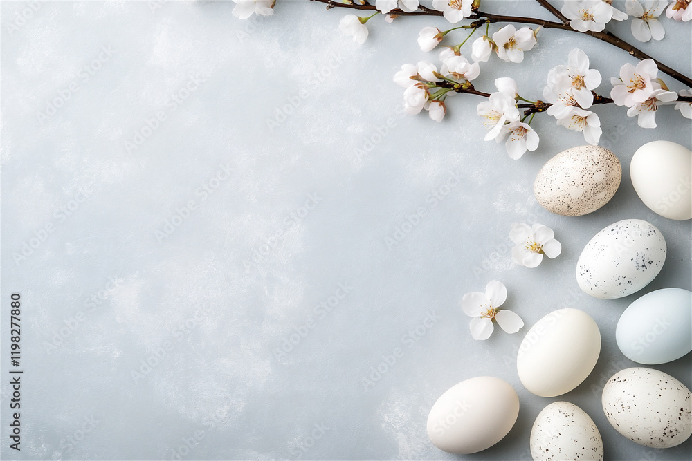 Fototapeta premium White speckled Easter eggs and blooming cherry blossoms arranged on a pastel gray background