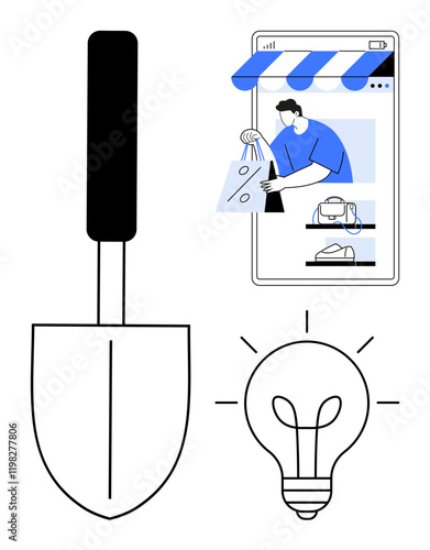 Trowel, light bulb, and online shopping interface indicate e-commerce, technological innovations, and creative ideas. Ideal for themes of e-commerce, online shopping, creativity, innovation product