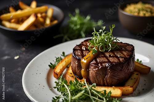 Modern Vegan Steak Dish with Baked Fries photo