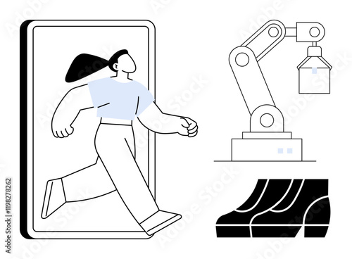 Person stepping out of smartphone screen towards a robotic arm and automotive assembly line. Ideal for technology, automation, digital transformation, innovation, future-forward thinking