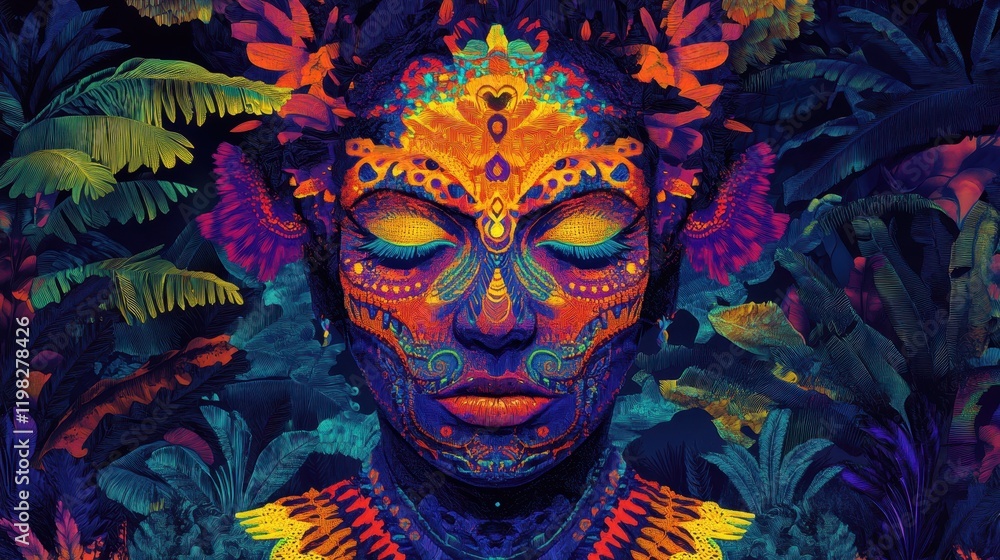 Fototapeta premium Vibrant Tropical Face Paint Art Woman Portrait