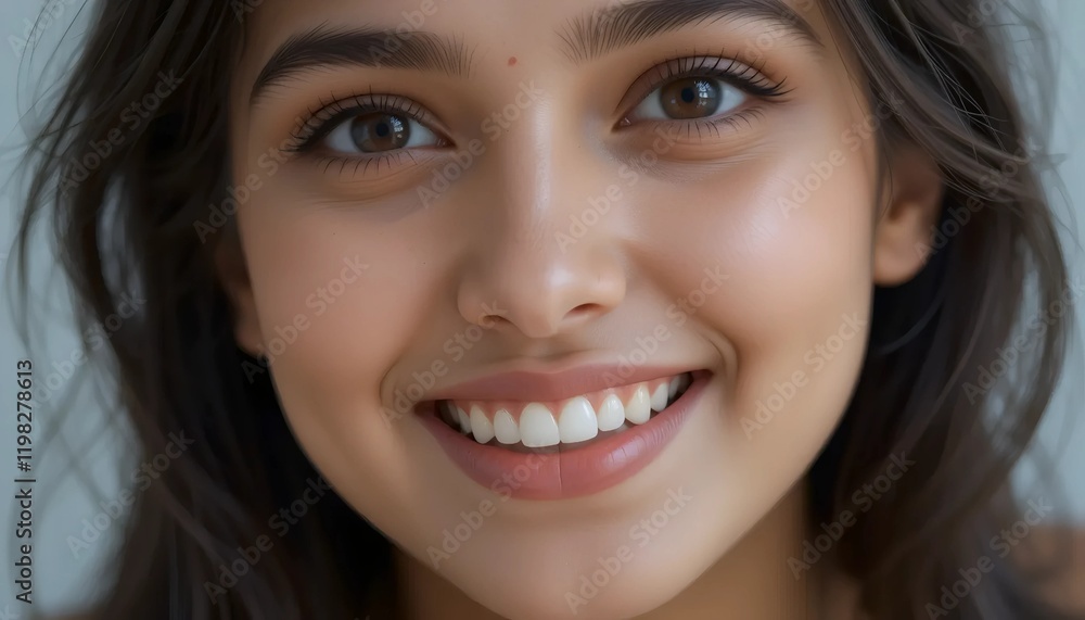 Close Up Portrait of a Young Indian Woman in Professional Suit with Radiant Smile and Warm Expression on Light Blue Background Close Up Portrait of a Young Indian Woman in Professional Suit with Radiant Smile and Warm Expression on Light Blue Background