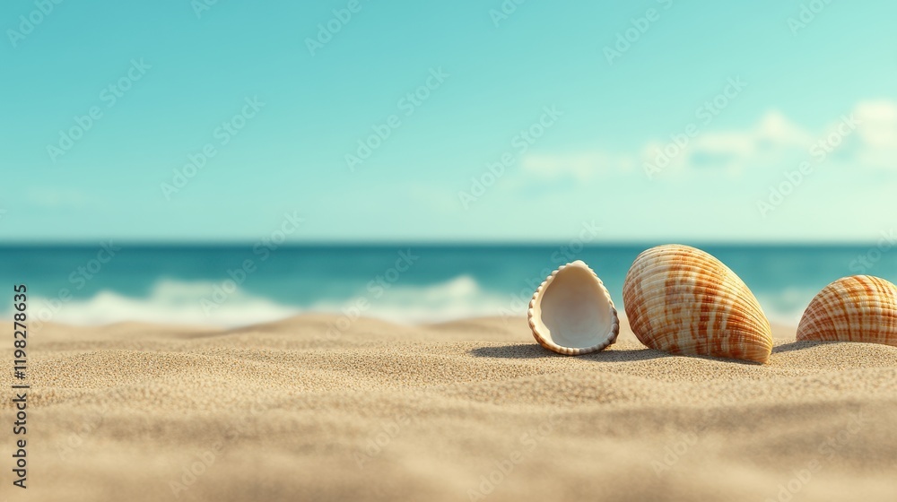 Close-Up View of Beautiful Seashells on Sandy Beach with Gentle Waves and Clear Blue Sky in the Background Capturing Serene Coastal Vibes Close-Up View of Beautiful Seashells on Sandy Beach with Gentle Waves and Clear Blue Sky in the Background Capturing Serene Coastal Vibes