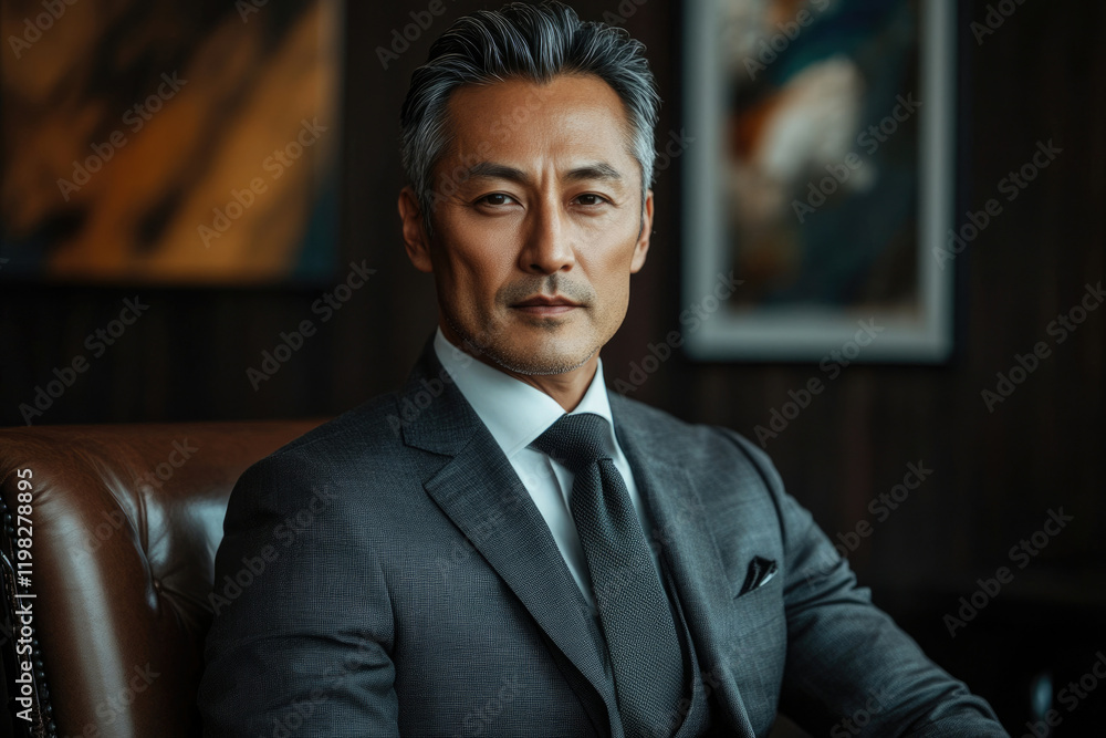 Fototapeta premium Confident Asian businessman in a sharp suit, exuding success and professionalism.