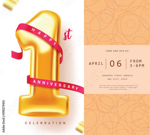 One year anniversary invitation card clipart template design. Anniversary greeting text in red ribbon with number 1 metallic gold inflatable balloon elements. Vector illustration simple invitation 
