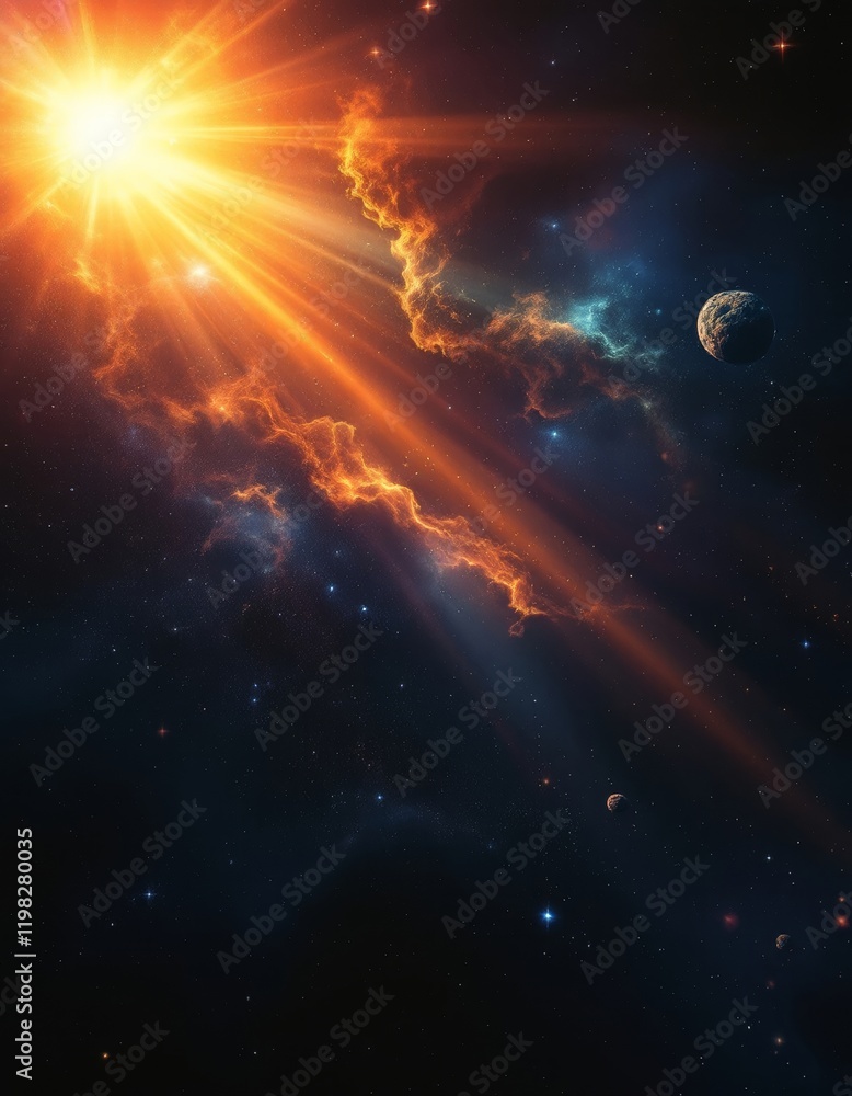 Obraz premium A cosmic landscape displaying a light spectrum with radiant beams, bending and reflecting off cosmic objects in a dark empty void