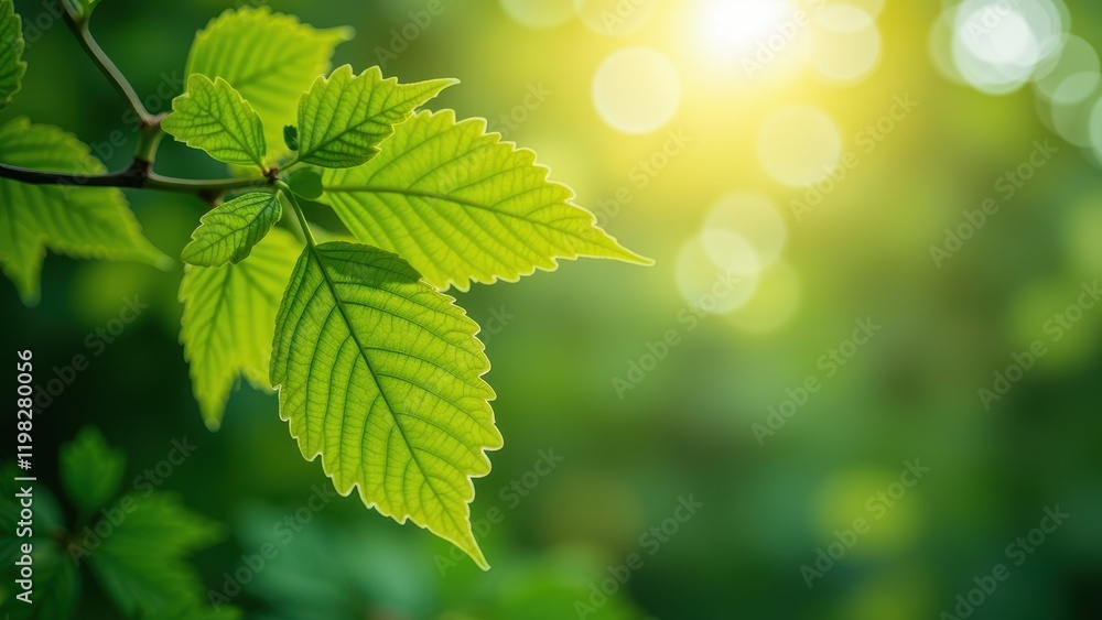 An eye-level close-up captures vibrant green leaves against a soft-focus backdrop, bathed in sunlight, as they cling to a tree branch on the left An eye-level close-up captures vibrant green leaves against a soft-focus backdrop, bathed in sunlight, as they cling to a tree branch on the left