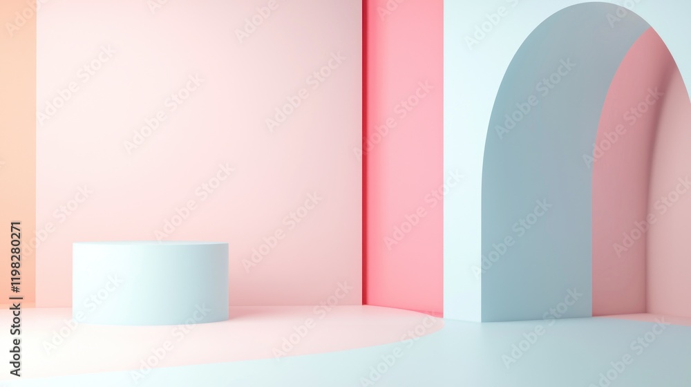 Pastel Minimalist Architectural Scene: Abstract Pink and Blue Room with Cylindrical Platform Pastel Minimalist Architectural Scene: Abstract Pink and Blue Room with Cylindrical Platform