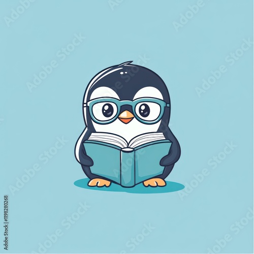 Cartoon penguin reading a book against a solid light blue background, for children's material photo