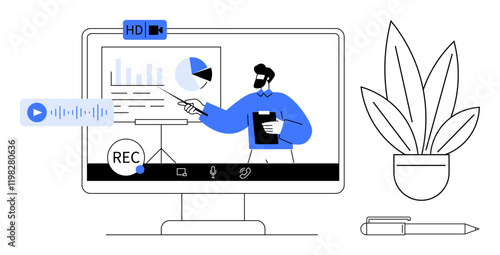 Person presenting data with charts on screen, audiovideo recording indicated, plant and pen nearby. Ideal for remote work, virtual meetings, online presentations, data analysis, e-learning, digital