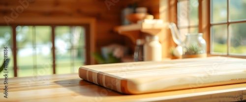 Wallpaper Mural A wooden cutting board placed on a textured wooden countertop, home, with soft sunlight streaming through a window and a blurred green landscape in the background.cooking, kitchen, window glass, Torontodigital.ca