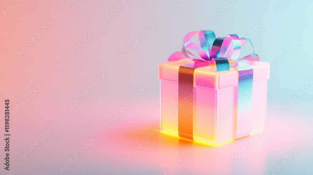 Obraz premium Pink gift box with iridescent ribbon under colorful lighting.