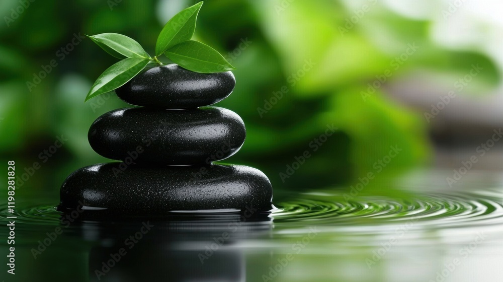 Tranquil stack of stones with leaves on calm water surface Tranquil stack of stones with leaves on calm water surface
