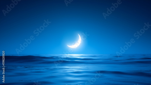 A serene, surreal scene of a glowing crescent moon emerging from a calm, reflective ocean photo