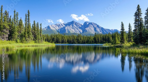 Serene mountain lake reflecting lush forest scenery