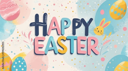 cute colorful Easter design with cute bunnies, eggs, beautiful flowers, fun template for greeting cards, invitations, banners, wallpapers